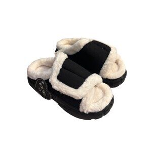 Faux Fur Lined Black Slippers With Memory Foam Anti-Slip Sole Size M